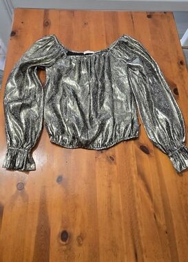 NWT Ramy Brook Abby Snake Print Silk Metallic Long Sleeve top Nickel Size Small